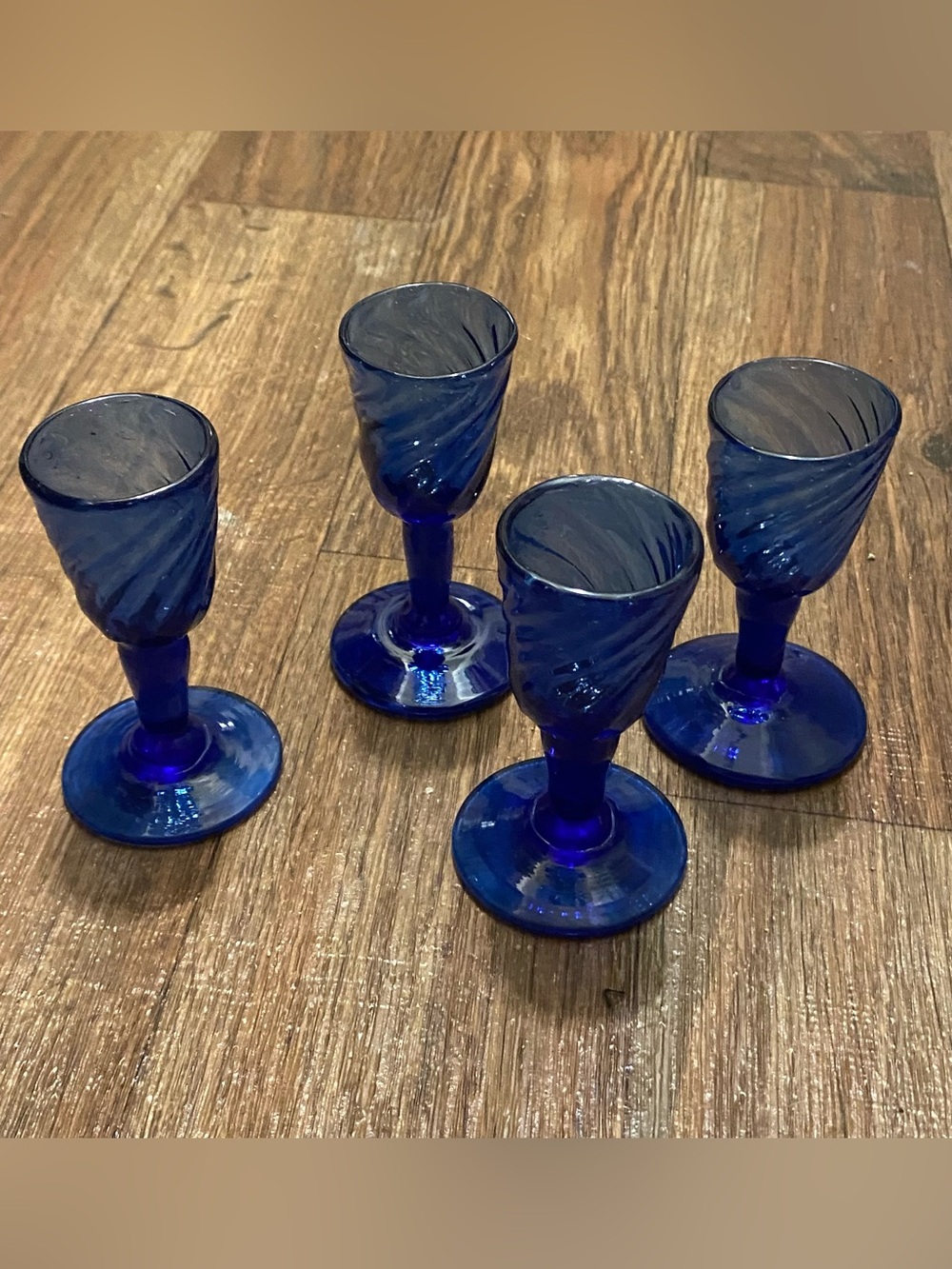 Set Lot Of 4 Cobalt Blue Swirl Glass Cordial Shot Glasses Vintage 3.75”H
